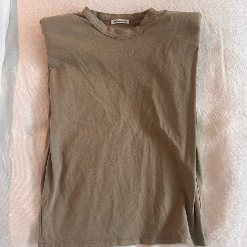 Reformation Green/Khaki Muscle T-Shirt with Padded Shoulders